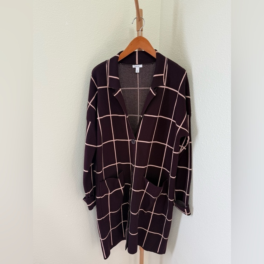 Nine West Burgundy & Pink Plaid Button Up Front Pockets Long Cardigan Size XL